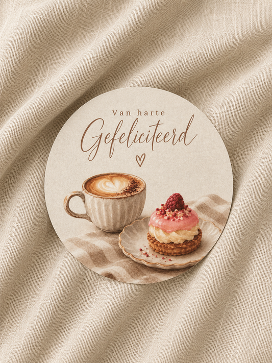 Ronde kaart gefeliciteerd koffie met gebak