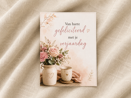 Leuke kaart gefeliciteerd met je verjaardag vaasje bloemen
